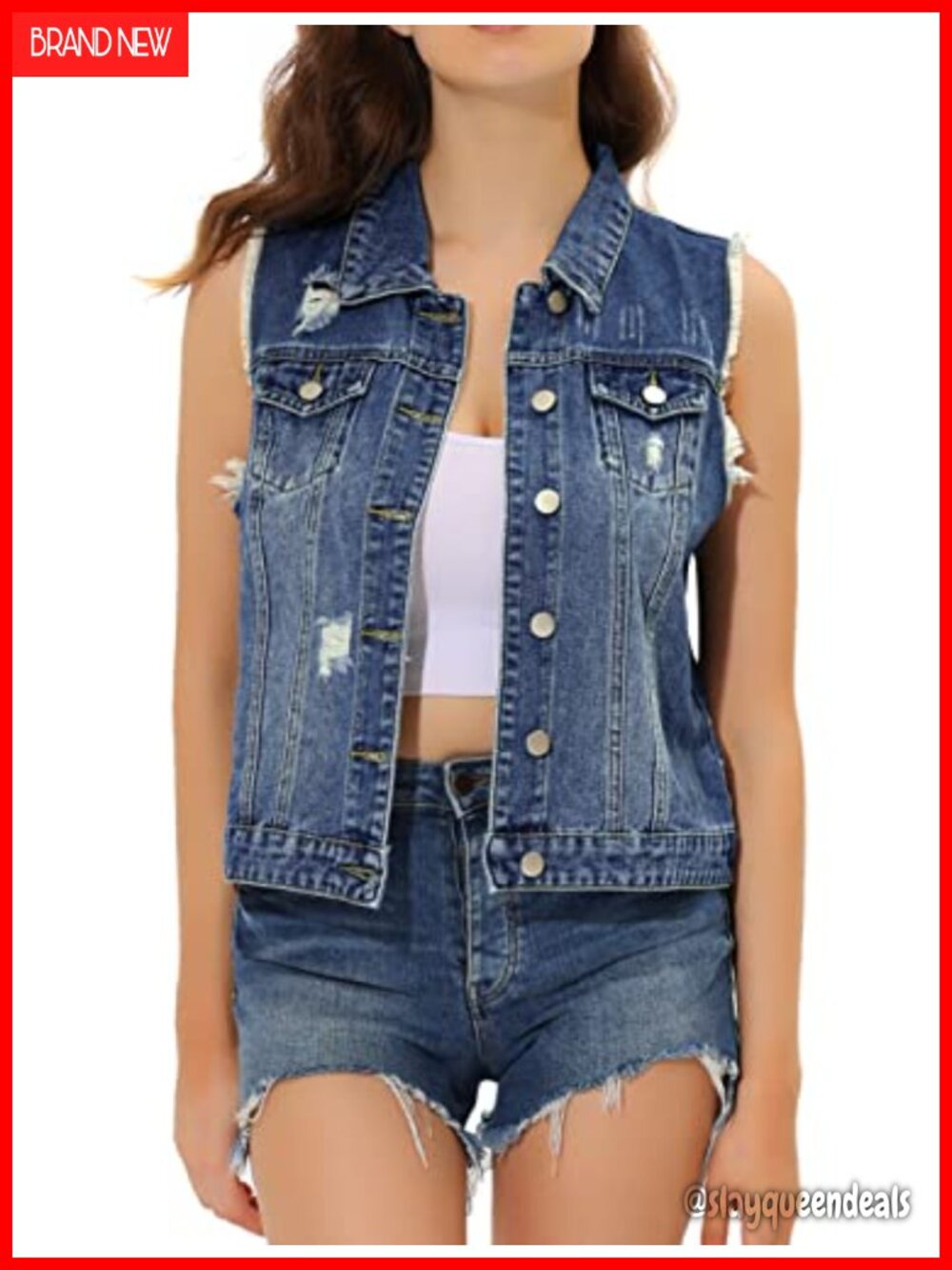 Denim Vest Washed Distressed Sleeveless Jean Jacket Button Down Frayed